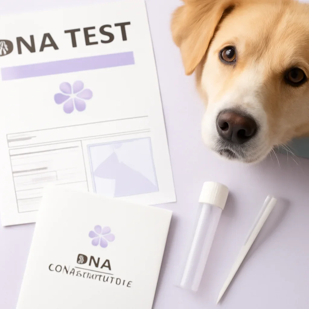 Dog DNA testing materials arranged for the best dog dna test for rescue dogs page