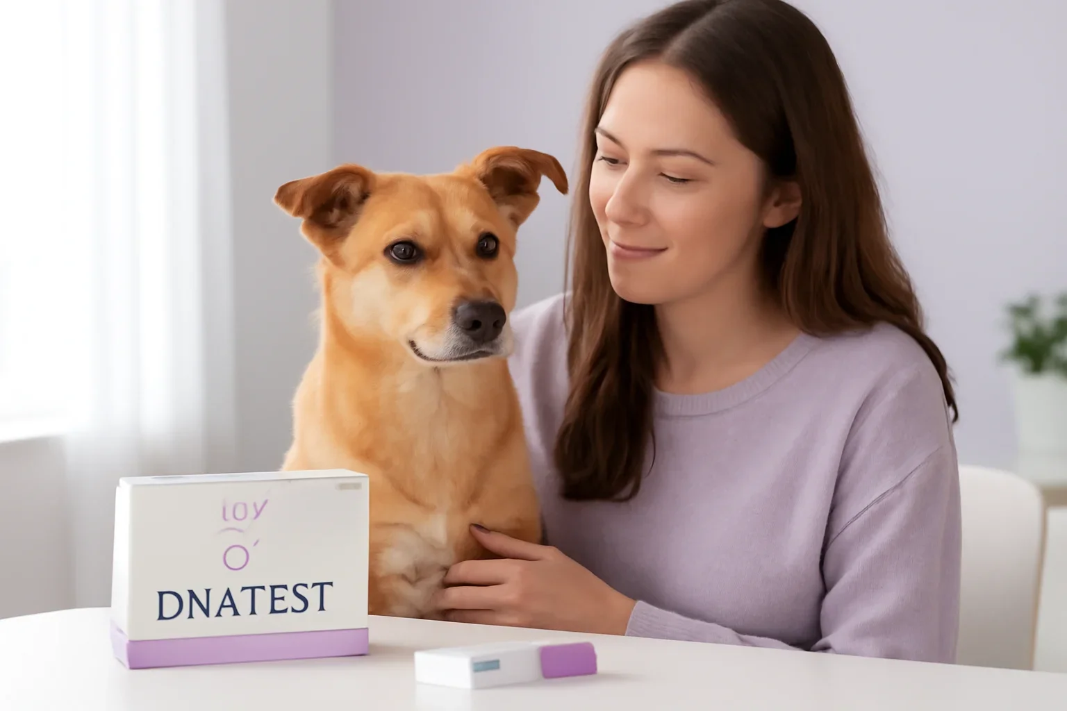 Best Dog DNA Test for Rescue Dogs visual showing a dog DNA kit and owner in a bright modern setting