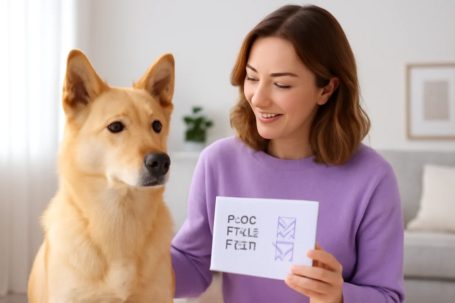 Can Dog DNA Tests Detect Wolf or Coyote? visual showing a dog DNA kit and owner in a bright modern setting