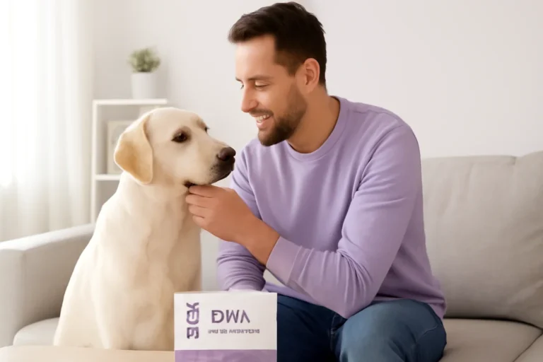 Dog Paternity DNA Testing Explained visual showing a dog DNA kit and owner in a bright modern setting