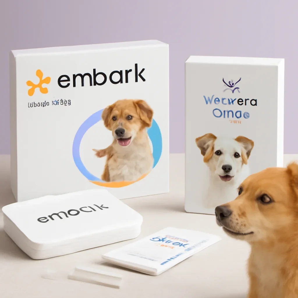 Dog DNA testing materials arranged for the embark vs wisdom panel for canadian dog owners page