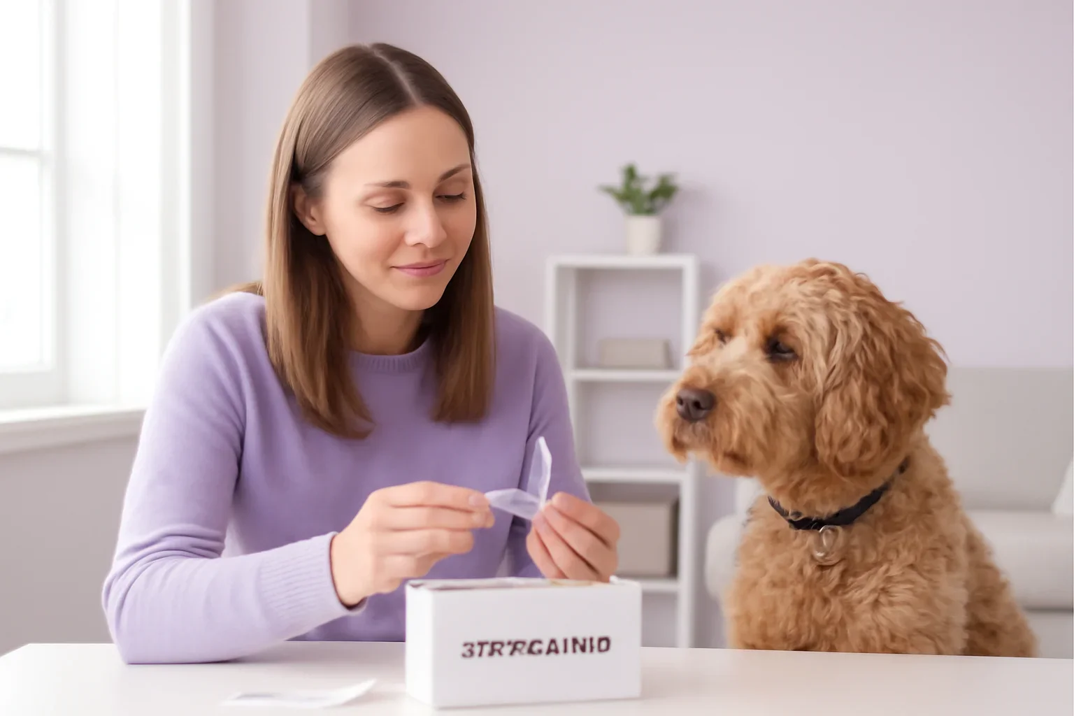 How Dog DNA Tests Work in Canada visual showing a dog DNA kit and owner in a bright modern setting
