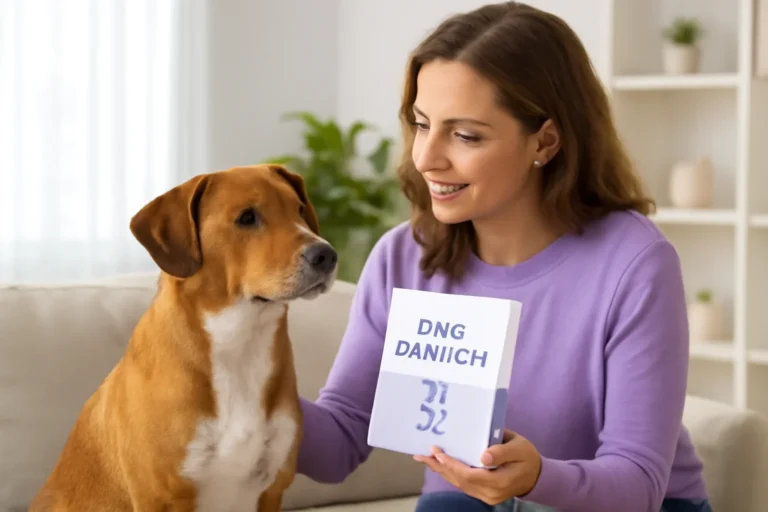 Questions to Ask Before You Order a Dog DNA Test visual showing a dog DNA kit and owner in a bright modern setting